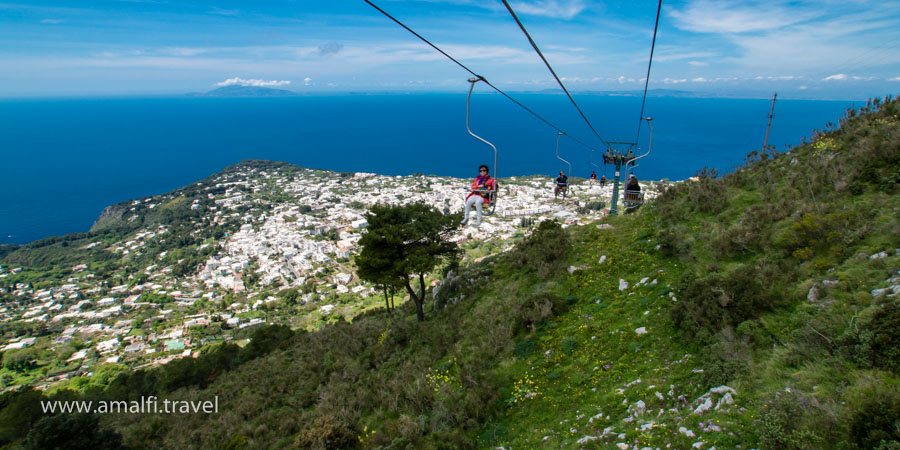 View of Anacapri from the chairlift to Mount Solaro, the Island of Capri, Italy